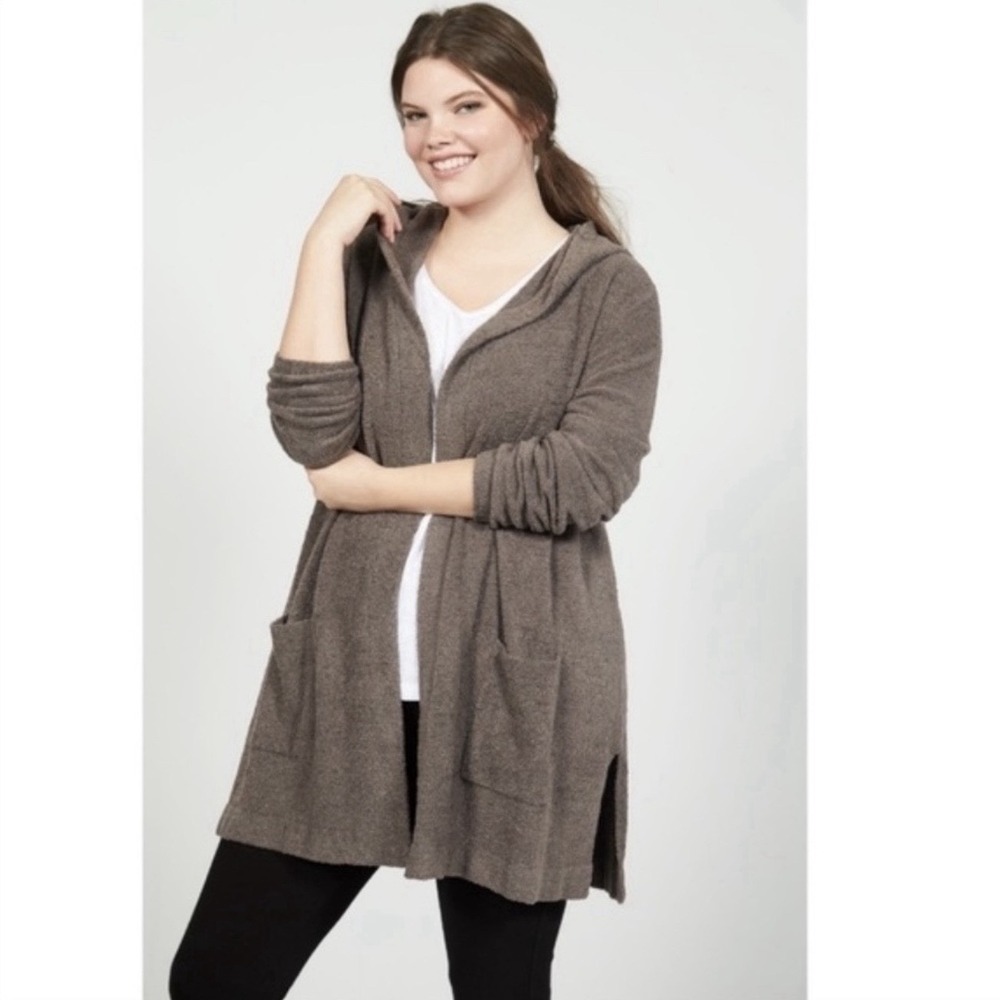 Barefoot Dreams CozyChic Ultra Lite‎ Knit Taupe Brown Hooded Cardigan